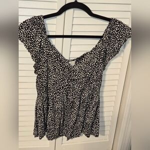 APNA Womens Black and White Polka Dot Ruffled Cap Sleeve Blouse